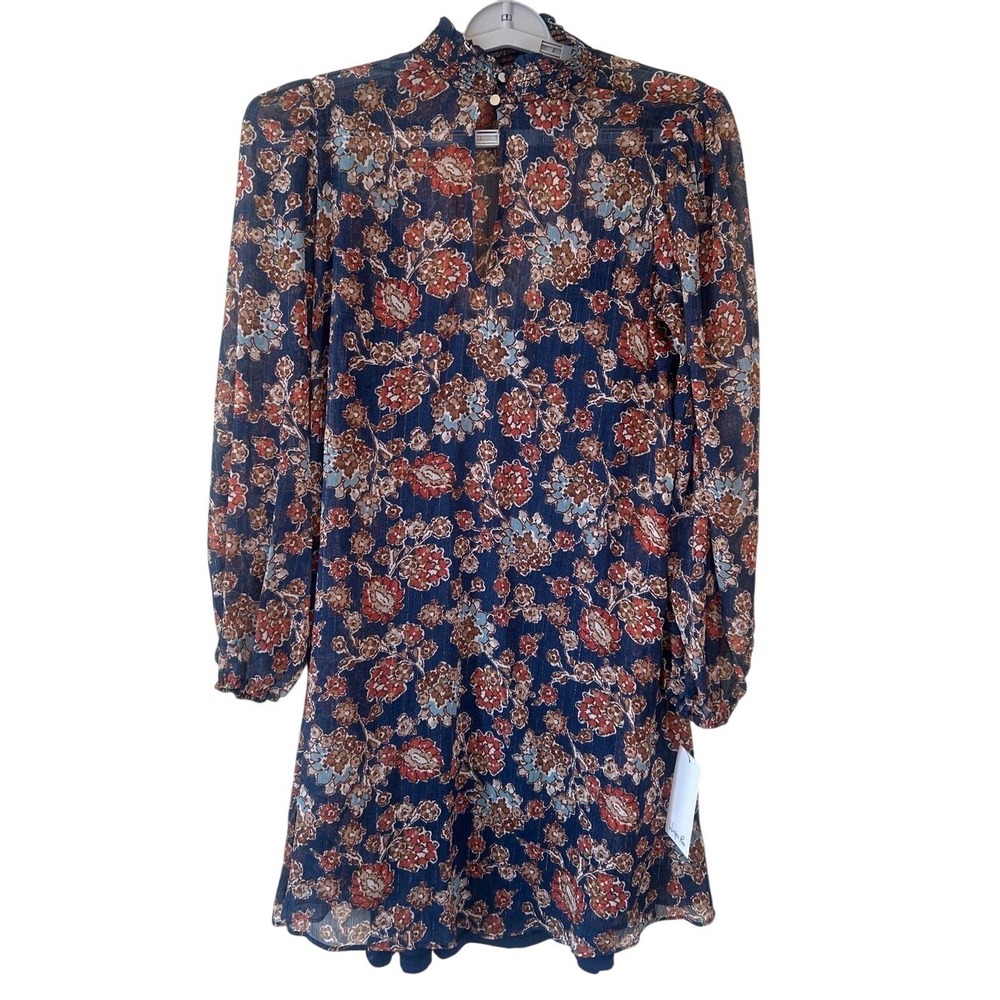 Harper Rose Floral‎ Mini Dress Women Size M Blue Excellence Sheer Long Sleeve